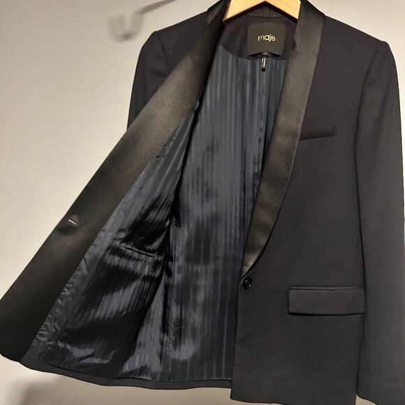 Maje Tuxedo-style blazer, Navy with black satin trim, Size 36 (4) - Picture 4 of 4